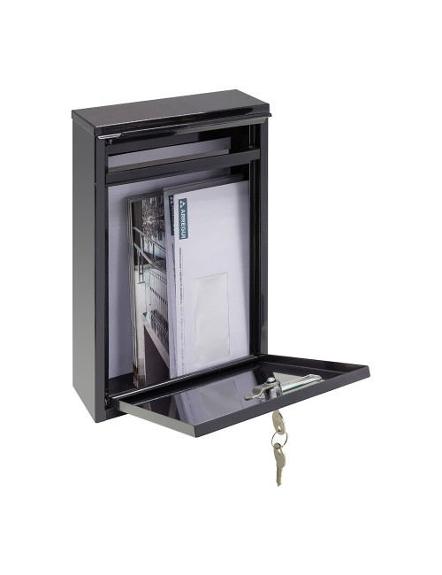 Buzón individual exterior, pequeño, zaguán, acero, negro, 22 x 8 x 32 cm