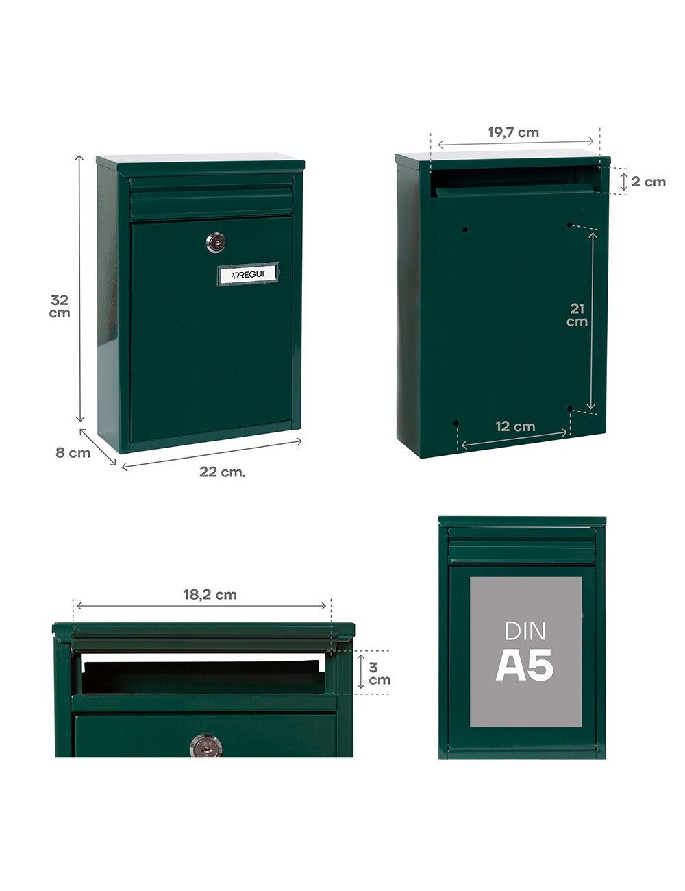 Buzón individual exterior, pequeño, zaguán, acero, verde, 22 x 8 x 32 cm