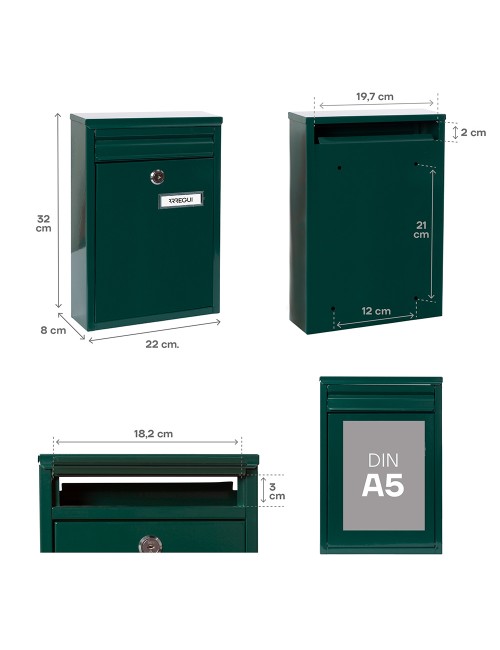 Buzón individual exterior, pequeño, zaguán, acero, verde, 22 x 8 x 32 cm