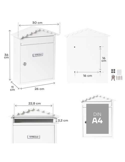 Buzón individual exterior, mediano, visit, acero, blanco, 30 x 11 x 36 cm