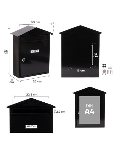 Buzón individual exterior, mediano, visit, acero, negro, 30 x 11 x 36 cm