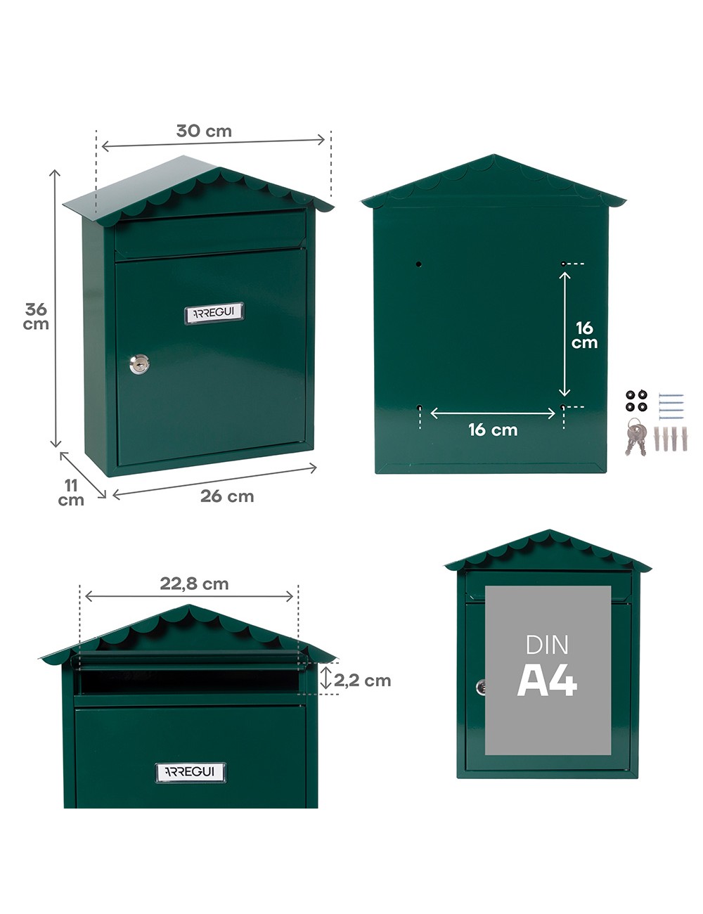 Buzón individual exterior, mediano, visit, acero, verde, 30 x 11 x 36 cm