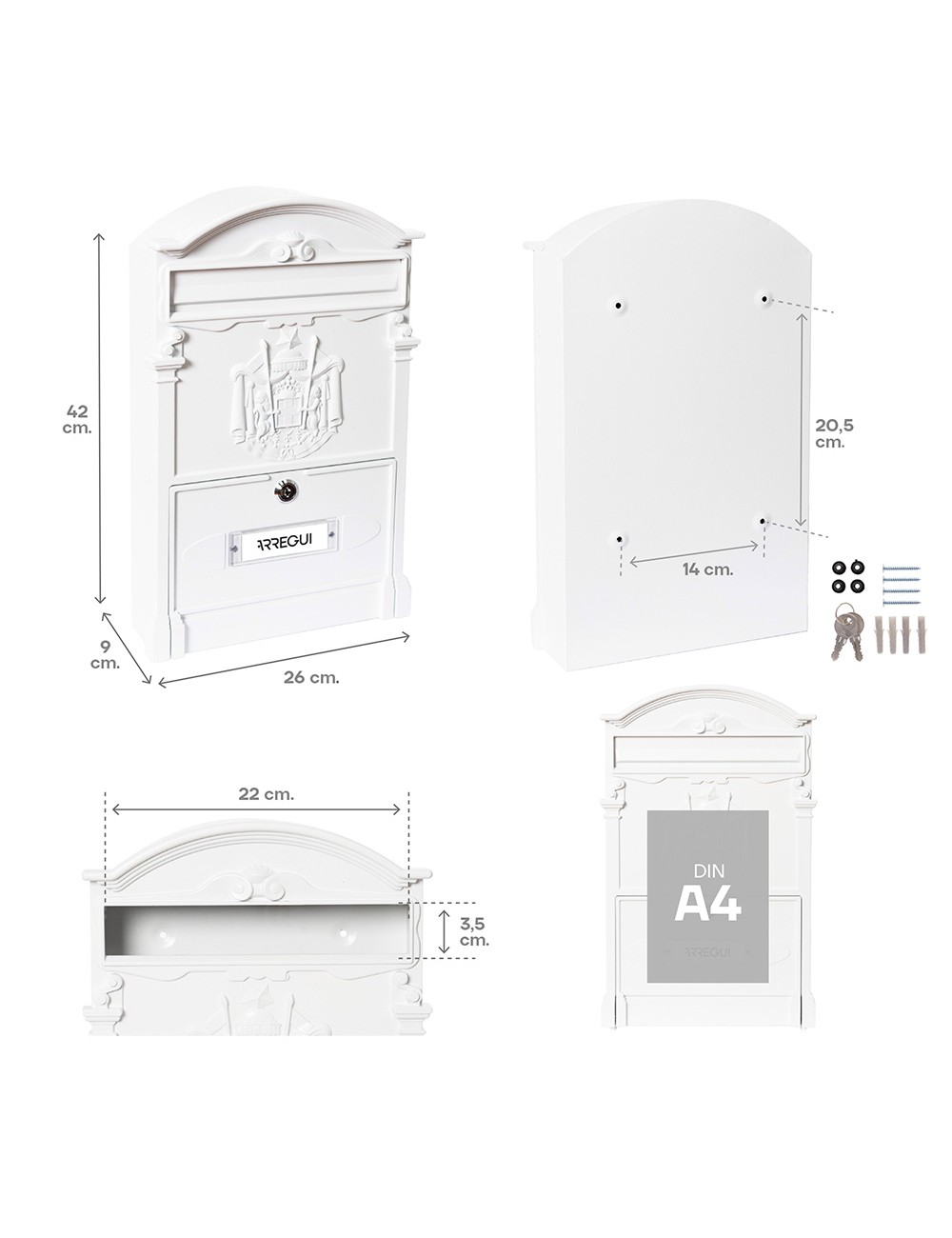 Buzón individual exterior mediano, residencia, aluminio, blanco, 26 x 9 x 42 cm