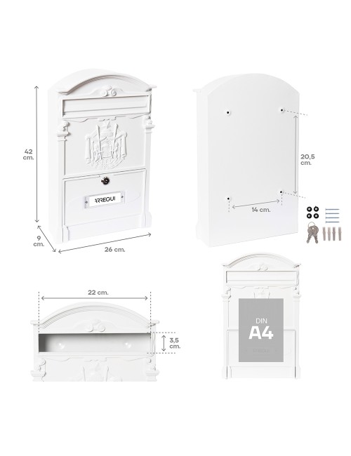 Buzón individual exterior mediano, residencia, aluminio, blanco, 26 x 9 x 42 cm