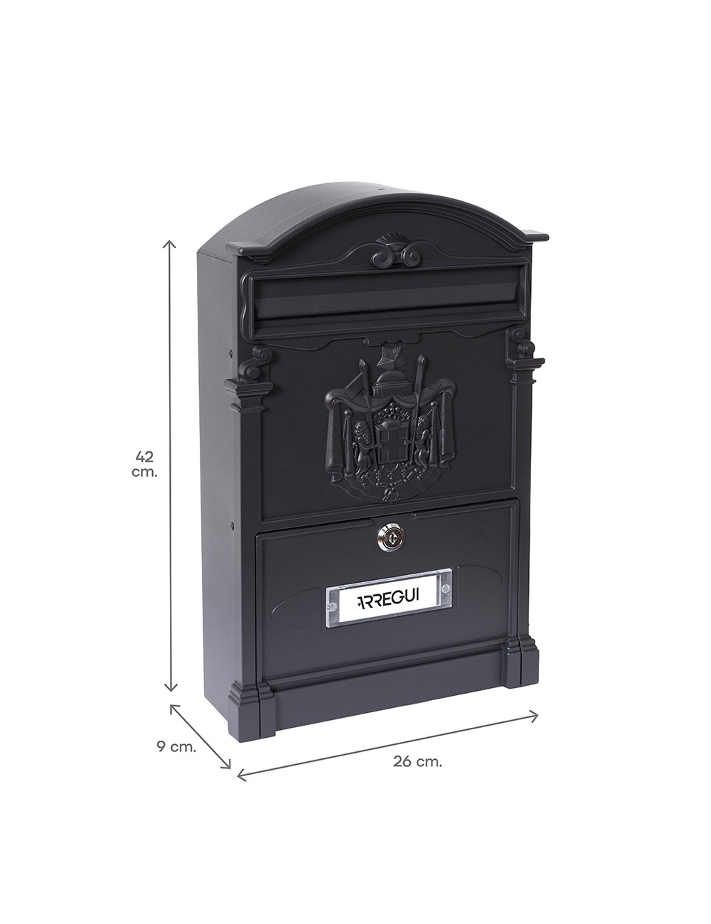 Buzón individual exterior mediano, residencia, aluminio, negro, 26 x 9 x 42 cm