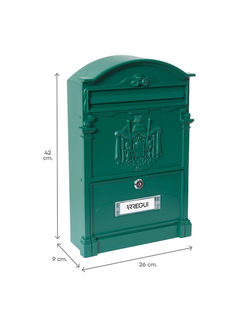 Buzón individual exterior mediano, residencia, aluminio, verde, 26 x 9 x 42 cm