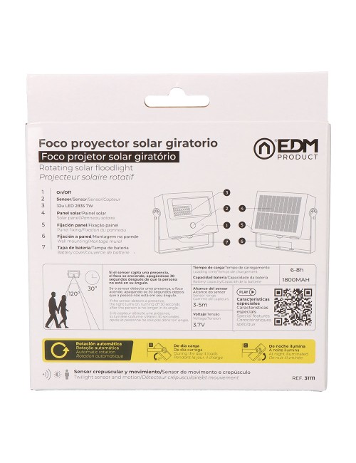 Foco proyector solar auto basculante 7 w 700 lm, 6500 k, con sensor movimiento, negro