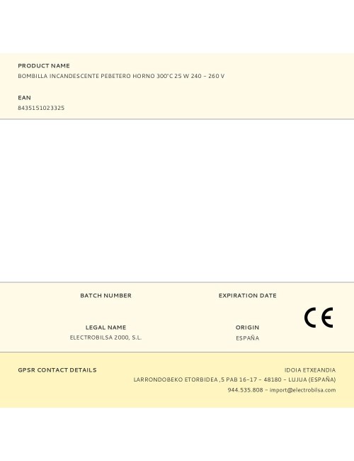 Bombilla incandescente pebetero horno 300°c 25 w 55 lm 240 - 260 v