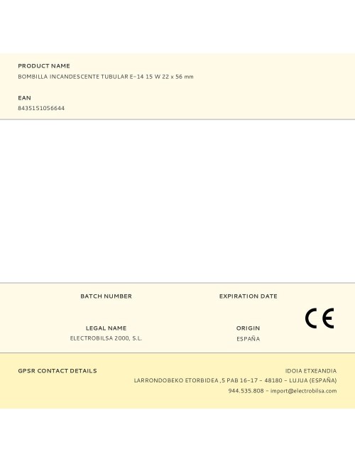 Bombilla incandescente tubular e-14, 15 w, 22 x 56 mm