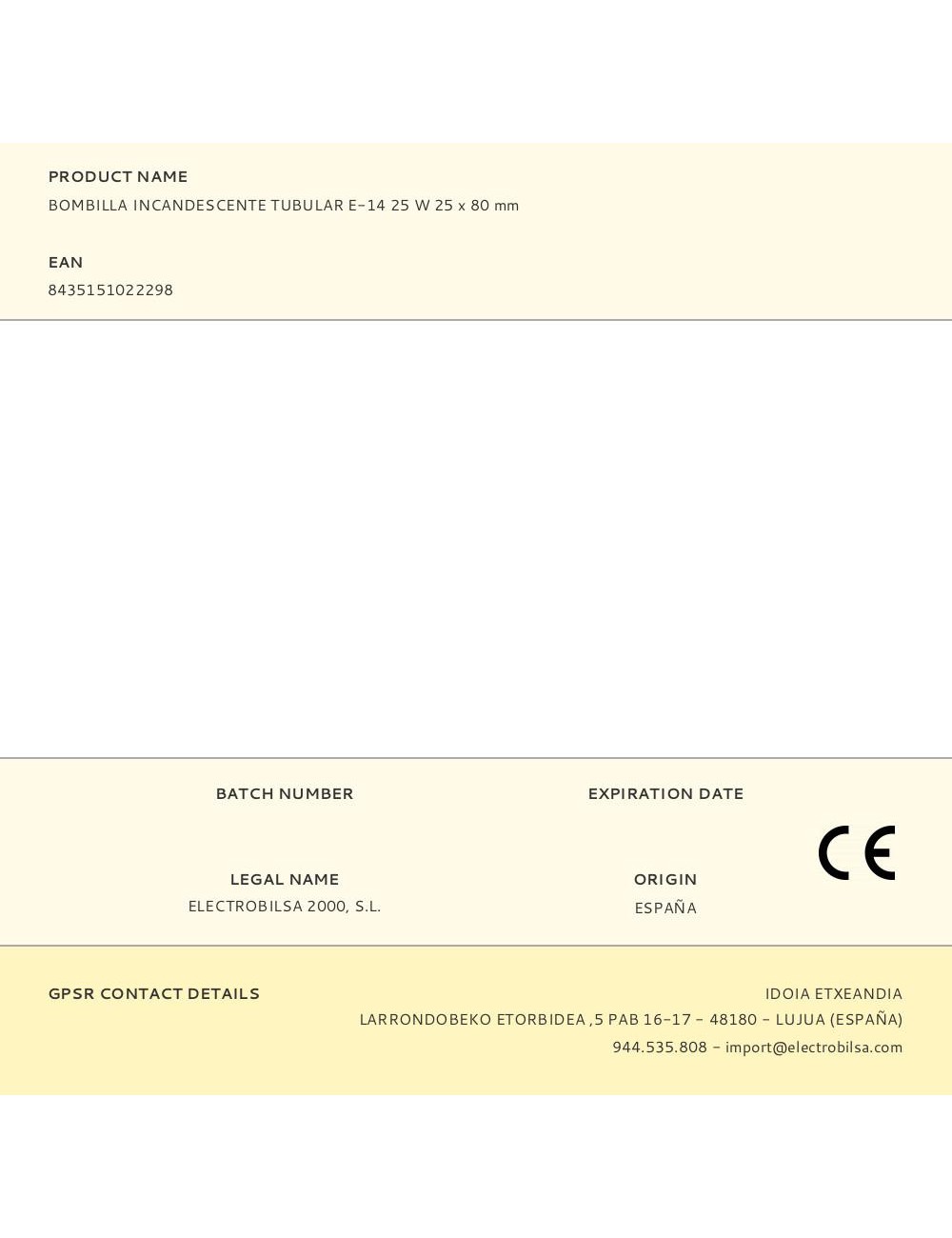 Bombilla incandescente tubular, e-14, 25 w, 25 x 80 mm