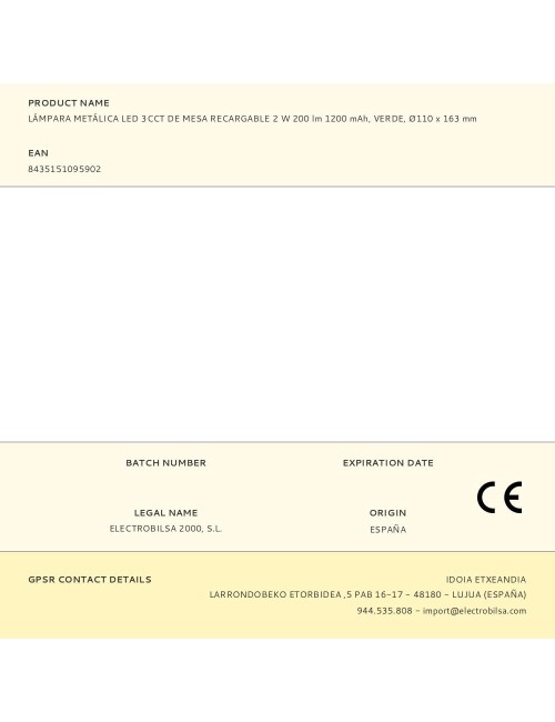 Lámpara metálica led 3cct de mesa recargable 2 w 200 lm, verde, ø110 x 163 mm