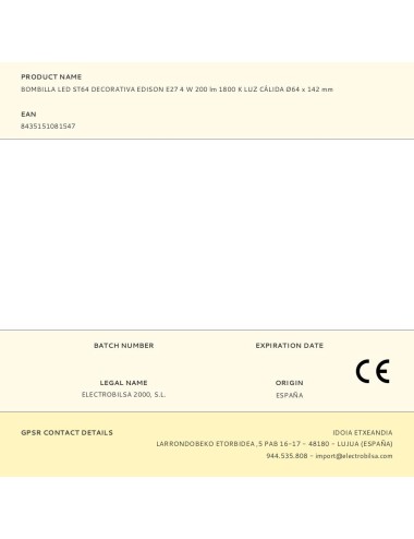 Bombilla led st64 decorativa edison e27 4 w 200 lm 1800 k luz cálida ø64 x 142 mm