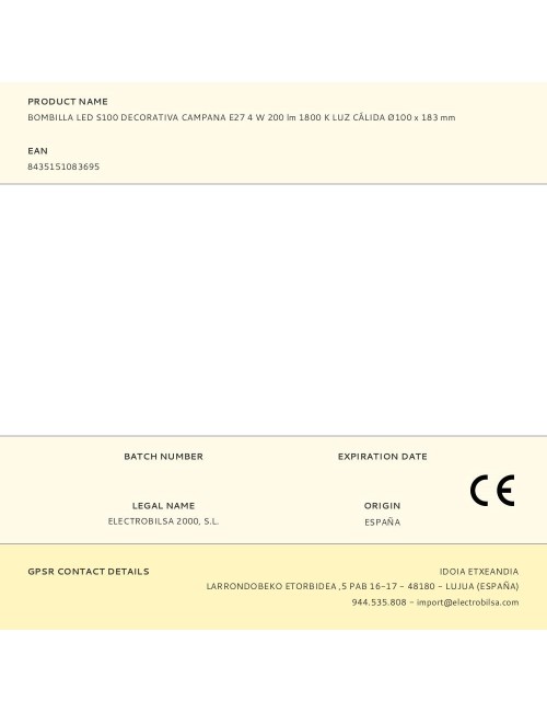 Bombilla led s100 decorativa campana e27 4 w 200 lm 1800 k luz cálida ø96 x 183 mm