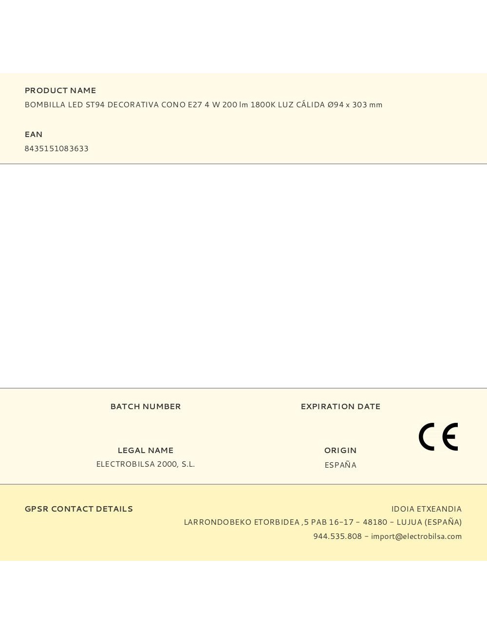 Bombilla led st94 decorativa cono e27 4 w 200 lm 1800k luz cálida ø94 x 303 mm