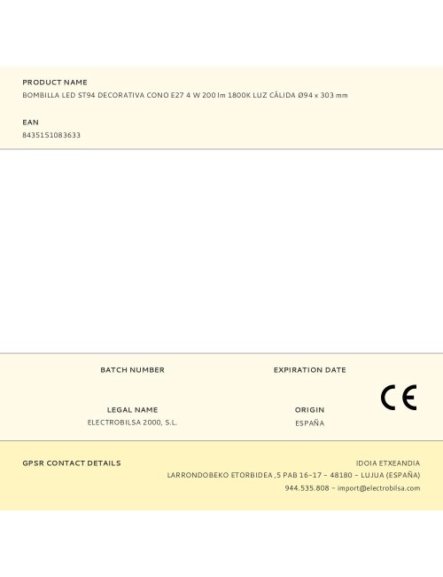 Bombilla led st94 decorativa cono e27 4 w 200 lm 1800k luz cálida ø94 x 303 mm