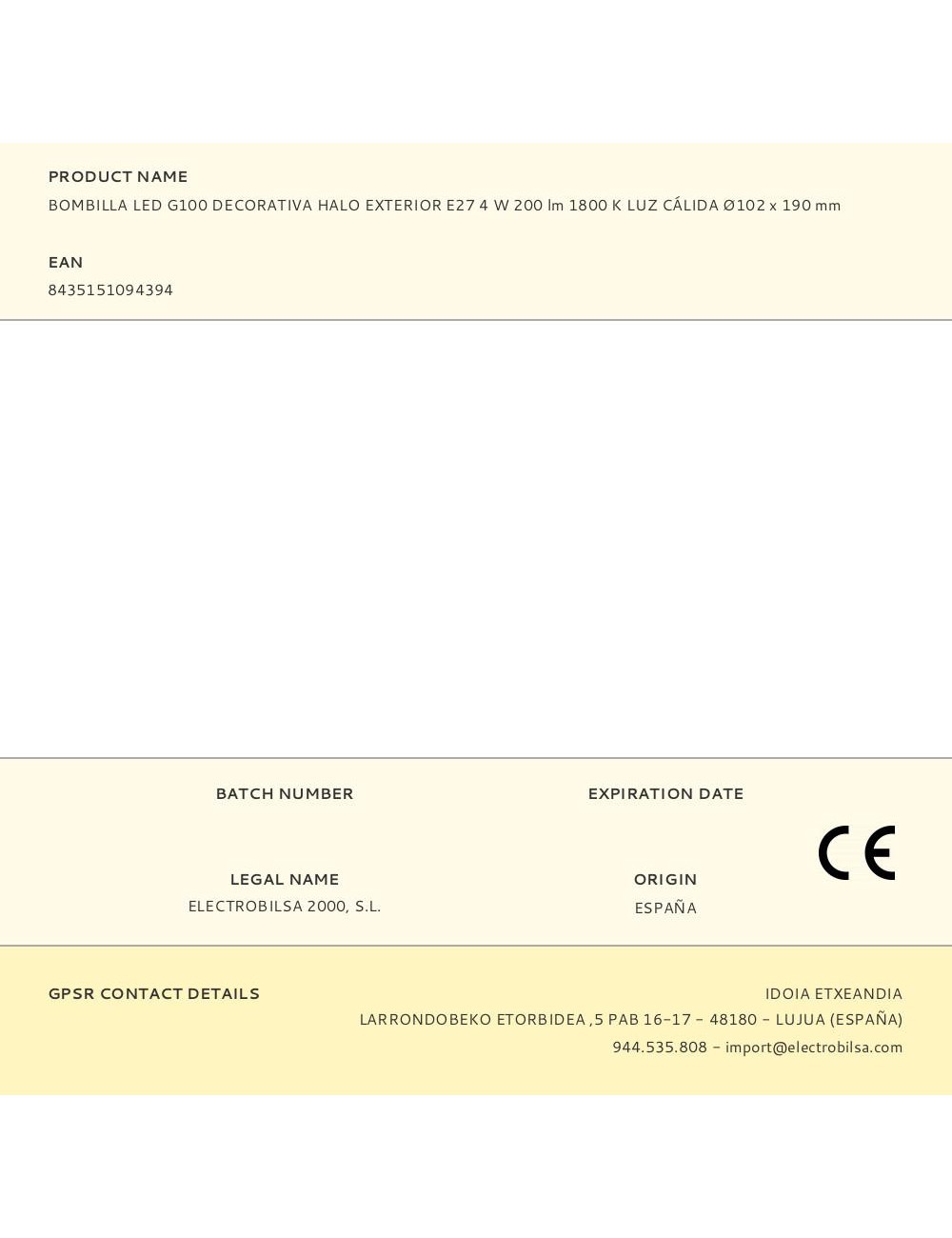 Bombilla led g100 decorativa halo exterior e27 4 w 220 lm 1800 k luz cálida ø102 x 190 mm