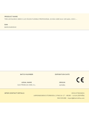 Tira led blanca 3000 k luz cálida flexible profesional 16 w/m 1600 lm/m 120 led/m, 230 v, ip65, rollo 50 m x 10 x 2,5 mm