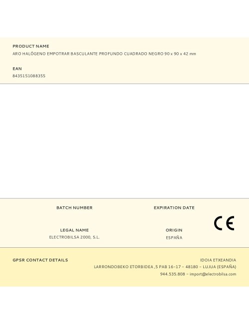 Aro halógeno basculante de empotrar, profundo, cuadrado, negro, 90 x 90 x 42 mm