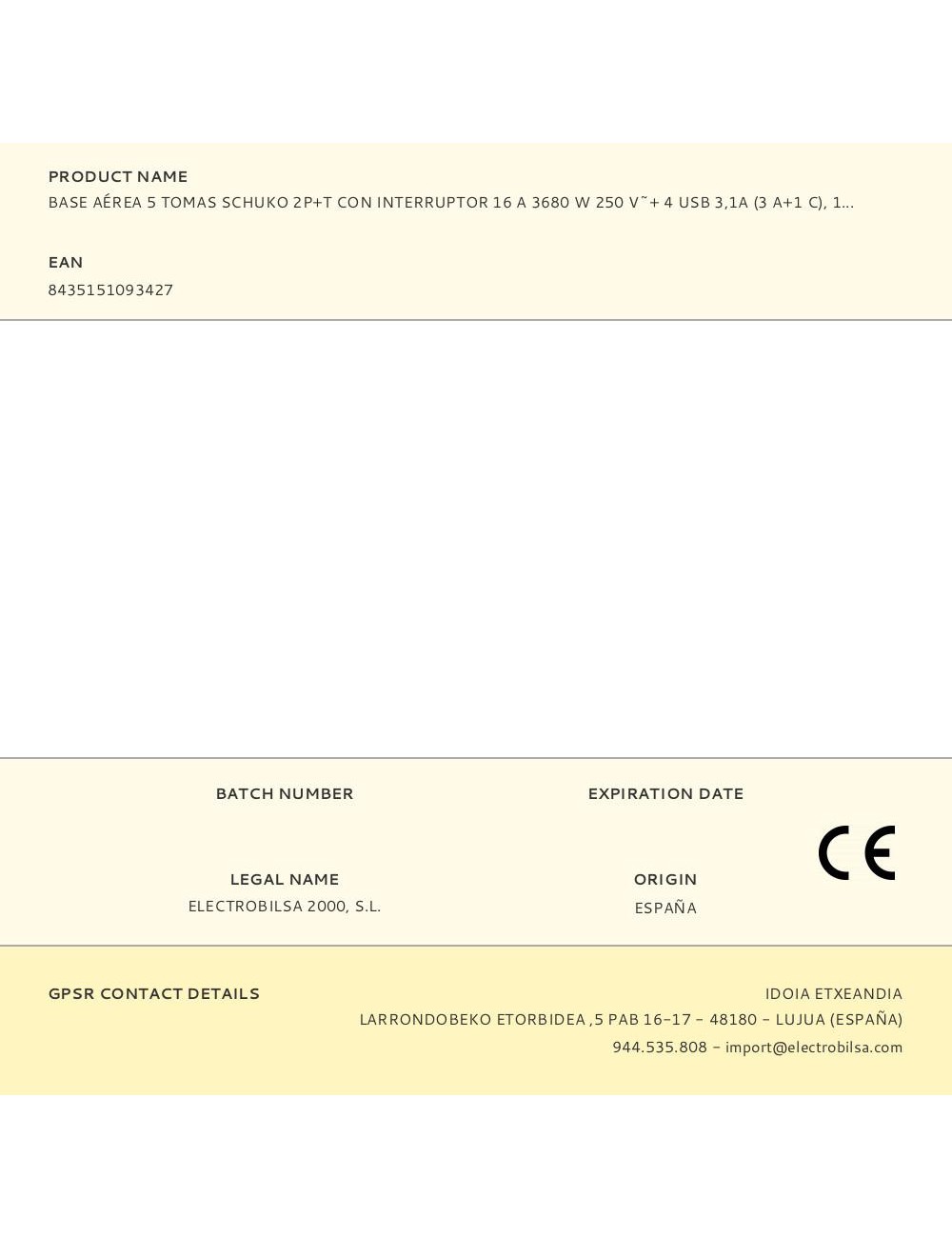 Base aérea 5 tomas schuko 2p+t con interruptor 16 a 3680 w 250 v~+ 4 usb 3,1a (3 a+1 c), cable de 1,5 m, blanca
