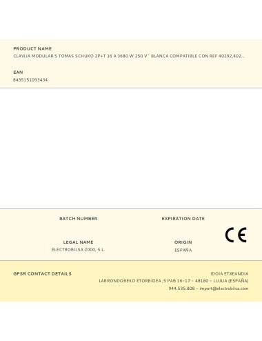Clavija modular 5 tomas schuko 2p+t 16 a 3680 w 250 v~ blanca compatible con ref 40292, 40293