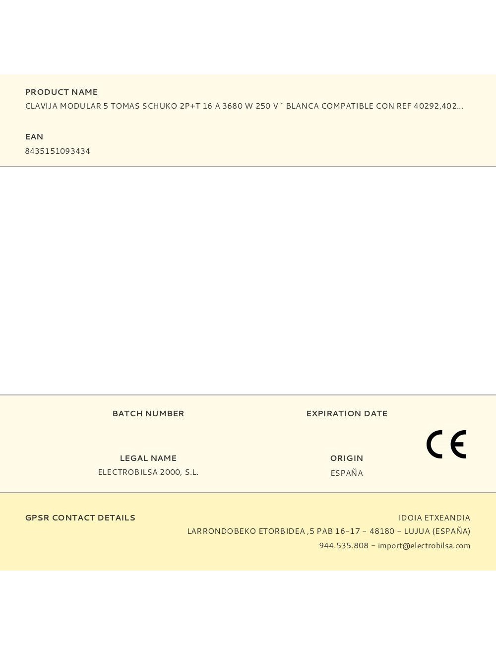 Clavija modular 5 tomas schuko 2p+t 16 a 3680 w 250 v~ blanca compatible con ref 40292, 40293