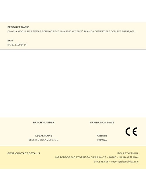 Clavija modular 5 tomas schuko 2p+t 16 a 3680 w 250 v~ blanca compatible con ref 40292, 40293