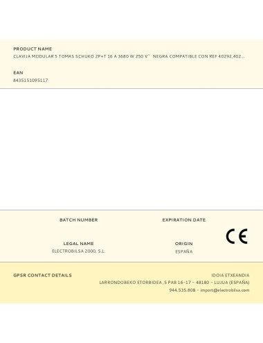 Clavija modular 5 tomas schuko 2p+t 16 a 3680 w 250 v~ negra compatible con ref 40292, 40293
