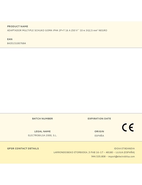 Adaptador multiple schuko goma ip44 2p+t 16 a 250 v~ 10 m de cable 3g2,5 mm negro