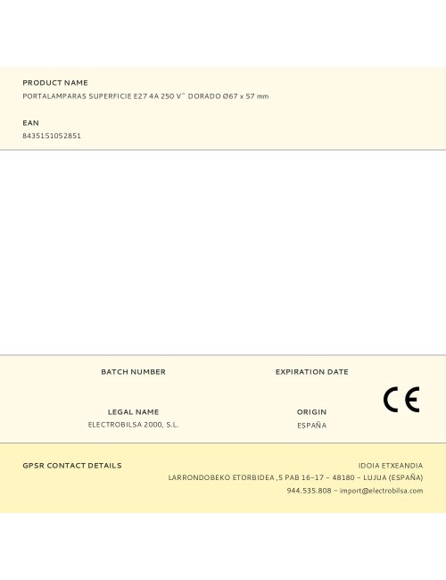 Portalámparas superficie e27 4 a 250 v~ dorado ø67 x 57 mm
