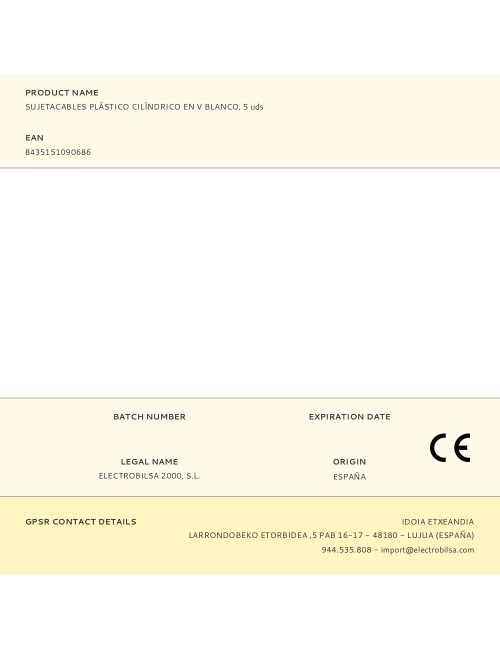 Sujetacables de plástico, cilíndrico en v, blanco, 5 uds