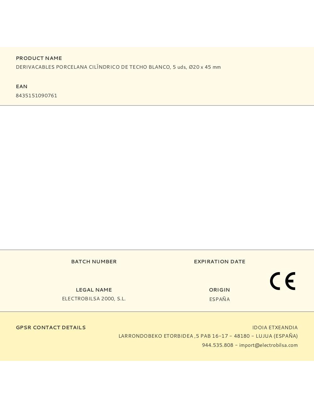 Derivacables porcelana cilíndrico de techo blanco, 5 uds, ø20 x 45 mm