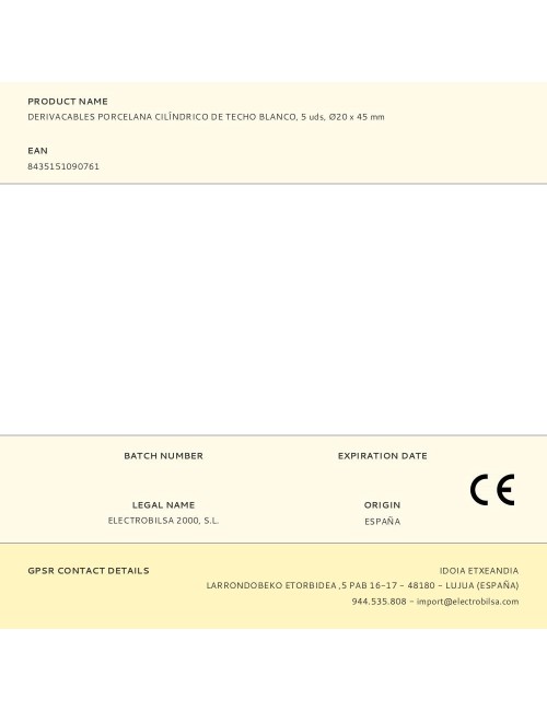 Derivacables porcelana cilíndrico de techo blanco, 5 uds, ø20 x 45 mm