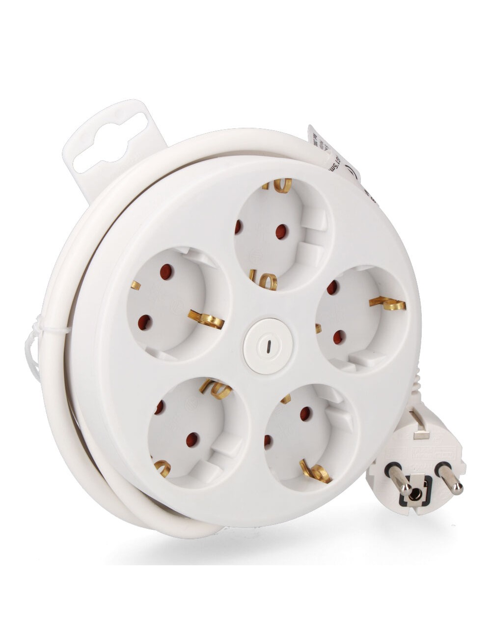 Base múltiple redonda 5 tomas 2p+t schuko, con interruptor, 1,5 m de cable h05vv-f 3g1,5 mm, 16a 250v~, blanca