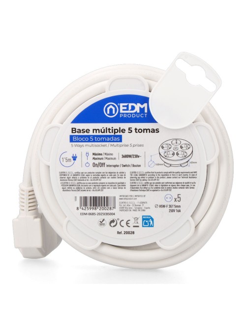 Base múltiple redonda 5 tomas 2p+t schuko, con interruptor, 1,5 m de cable h05vv-f 3g1,5 mm, 16a 250v~, blanca