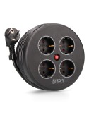 Enrollacables con 4 tomas 2p+t schuko, con protección, 16 a 250 v, cable h05vv-f 3g1,5mm de 5 m, negro