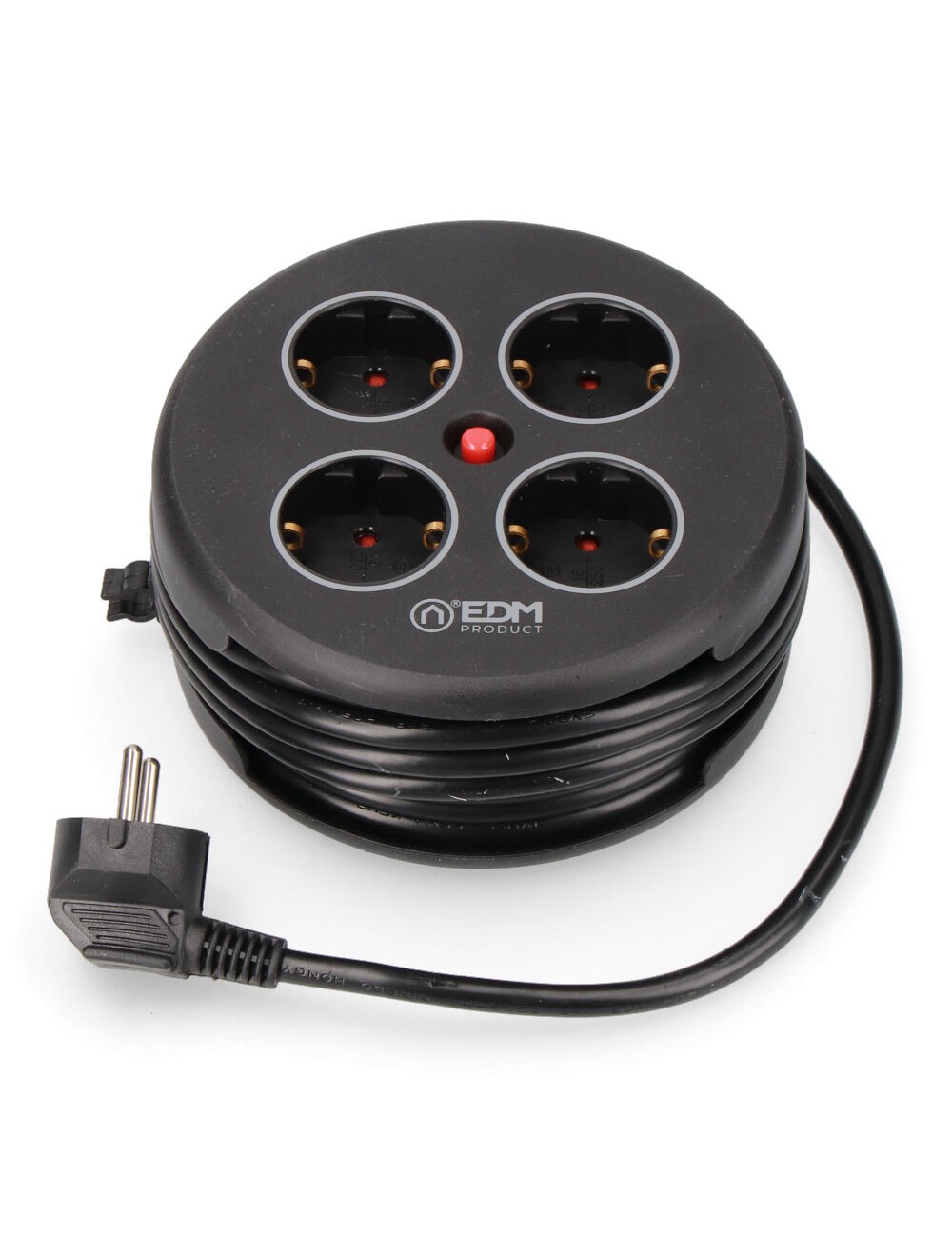 Enrollacables con 4 tomas 2p+t schuko, con protección, 16 a 250 v, cable h05vv-f 3g1,5mm de 5 m, negro