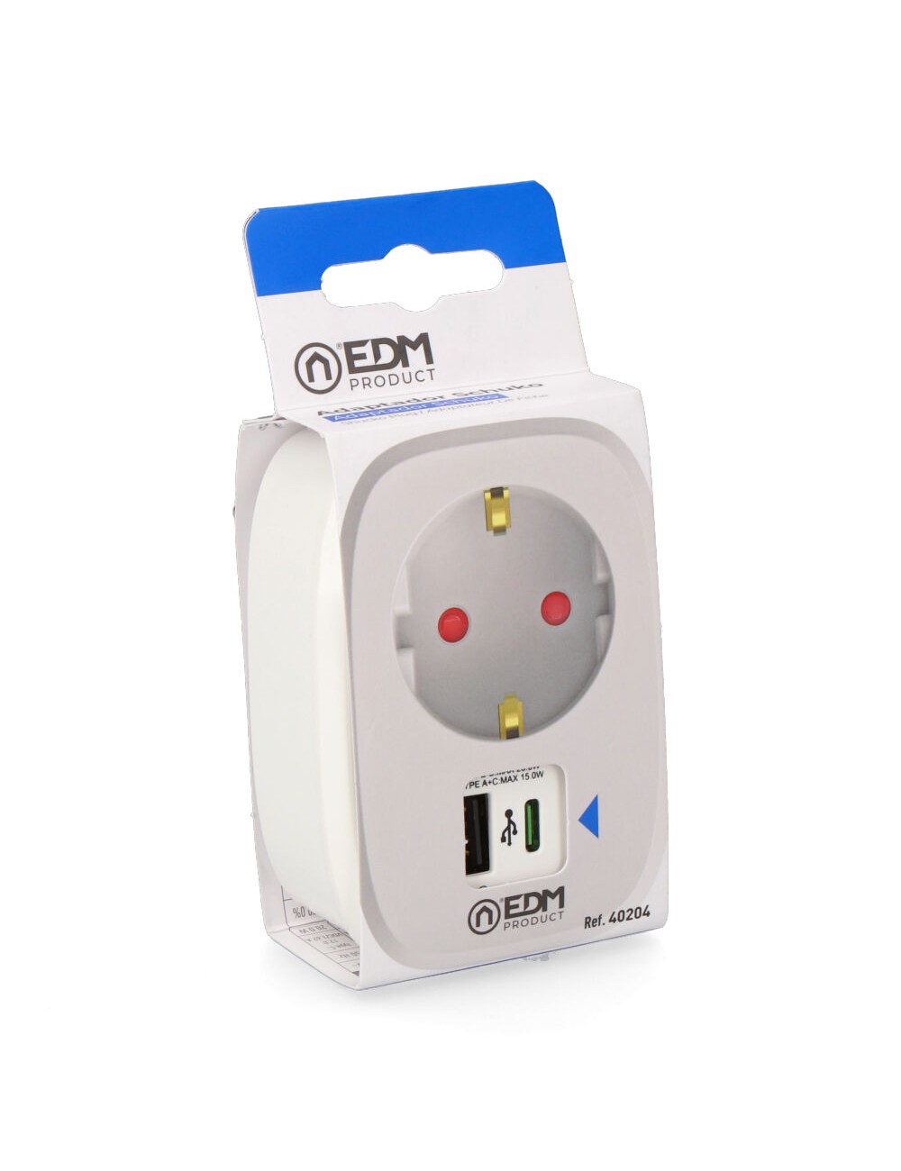 Adaptador 1 toma 2p+t schuko con 2 usb (a + c), blanco