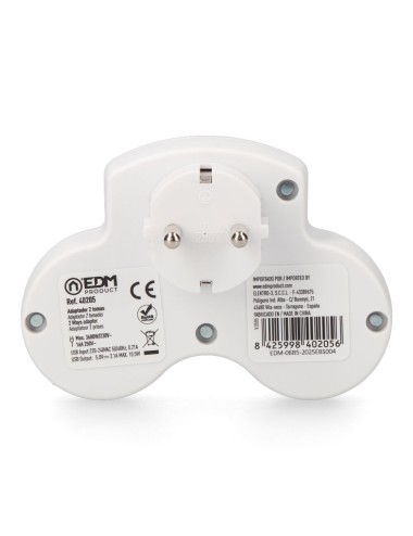 Adaptador 2 tomas 2p+t schuko con 2 usb (a + c), blanco
