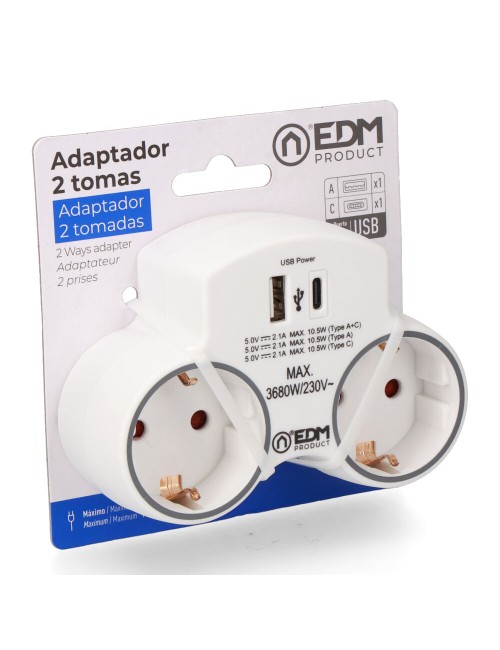 Adaptador 2 tomas 2p+t schuko con 2 usb (a + c), blanco