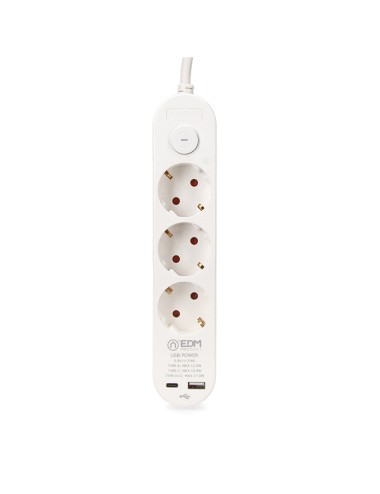 Base múltiple 3 tomas schuko, interruptor, 2 usb a + c, 1,5m de cable h05vv-f, 3g1,5 mm, 16a 250v~, blanca