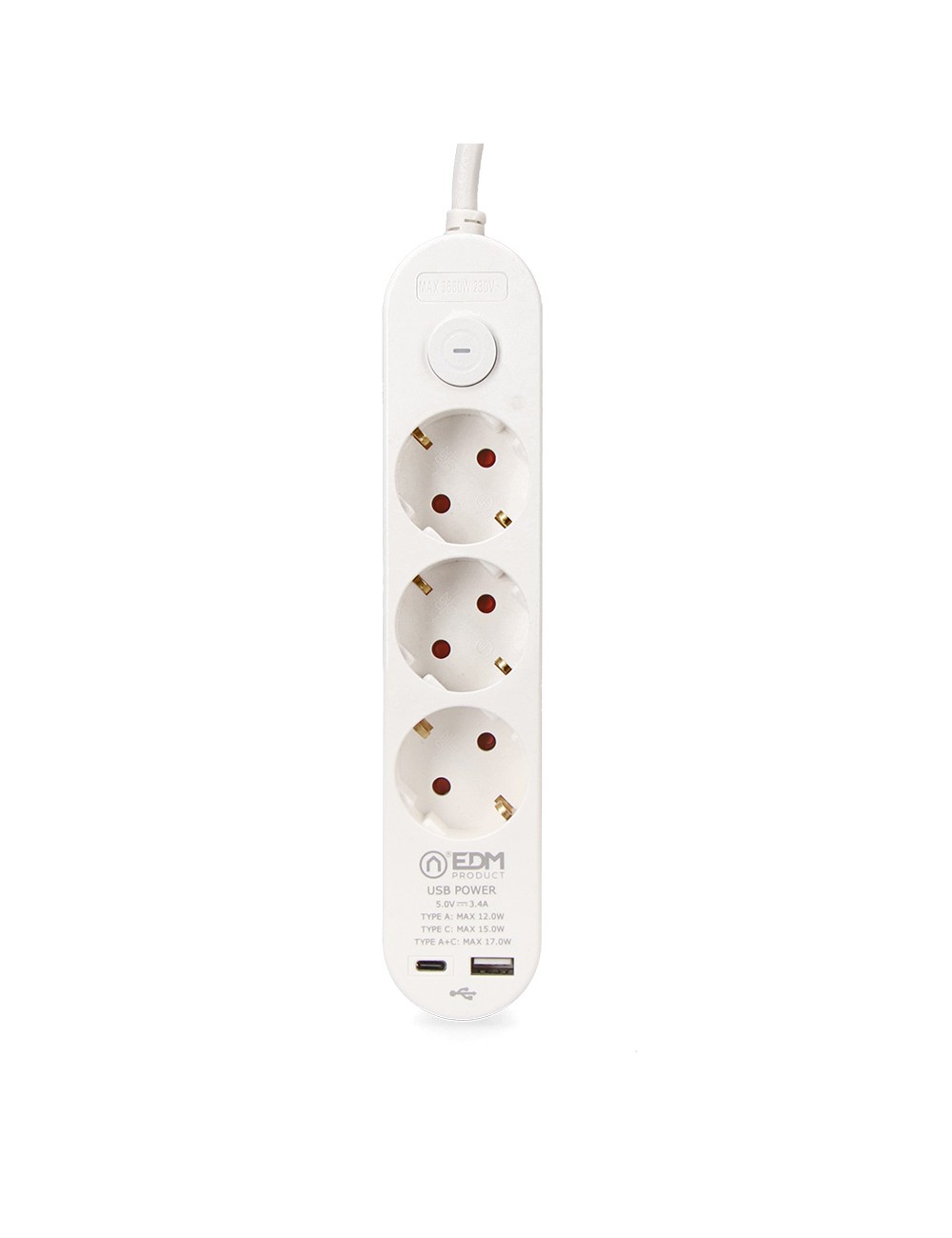 Base múltiple 3 tomas schuko, interruptor, 2 usb a + c, 1,5m de cable h05vv-f, 3g1,5 mm, 16a 250v~, blanca