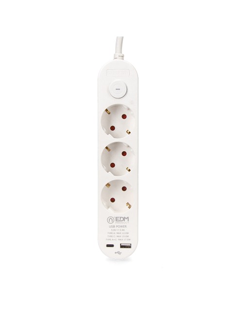 Base múltiple 3 tomas schuko, interruptor, 2 usb a + c, 1,5m de cable h05vv-f, 3g1,5 mm, 16a 250v~, blanca
