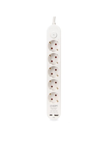 Base múltiple 5 tomas schuko, interruptor, 2 usb a + c, 1,5m de cable h05vv-f, 3g1,5 mm, 16a 250v~, blanca