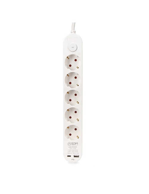 Base múltiple 5 tomas schuko, interruptor, 2 usb a + c, 1,5m de cable h05vv-f, 3g1,5 mm, 16a 250v~, blanca