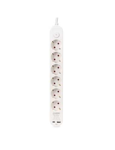 Base múltiple 6 tomas schuko, interruptor, 2 usb a + c, 1,5m de cable h05vv-f, 3g1,5 mm, 16a 250v~, blanca
