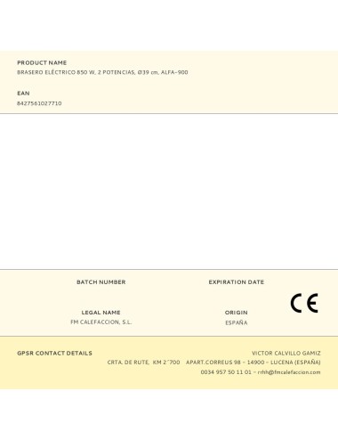 Brasero eléctrico alfa-900, 2 potencias 425 w / 850 w, ø39 cm