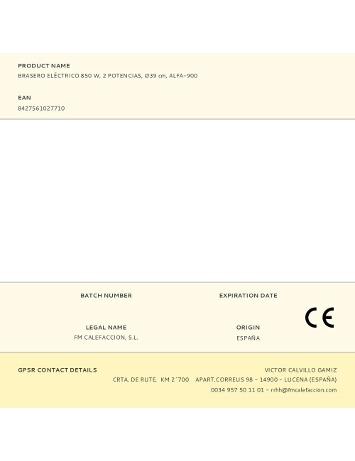 Brasero eléctrico alfa-900, 2 potencias 425 w / 850 w, ø39 cm