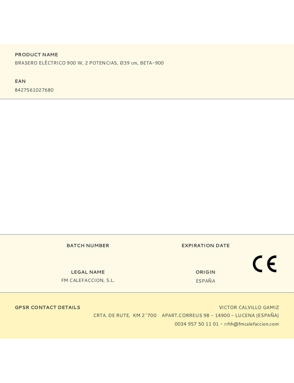 Brasero eléctrico beta-900, 2 potencias 450 w / 900 w, ø39 cm