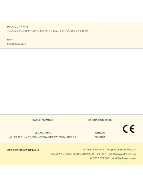 Tostadora 2 ranuras ad 3223, blanca, 900 w