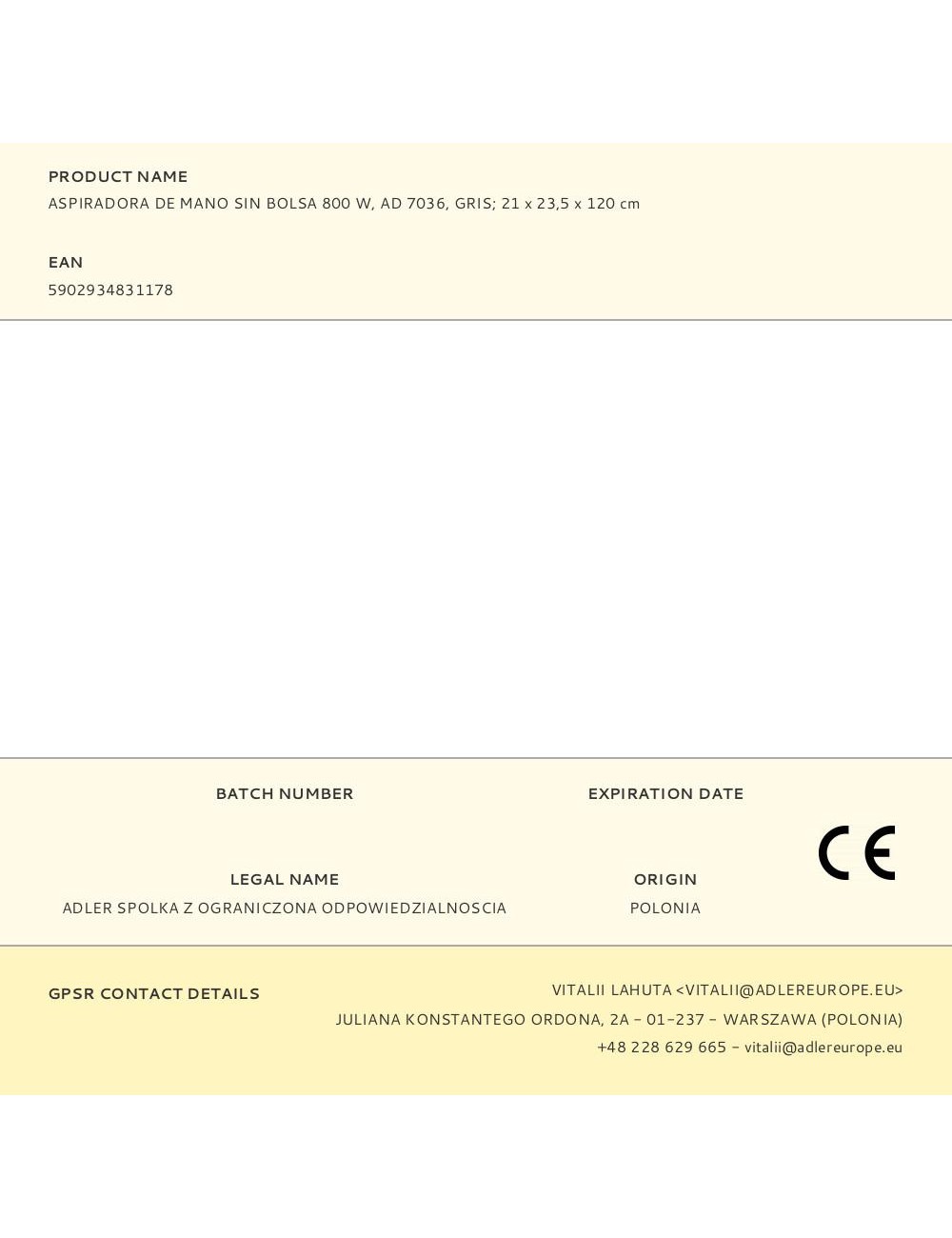 Aspiradora escoba ad 7036 con cable, sin bolsa, 800 w